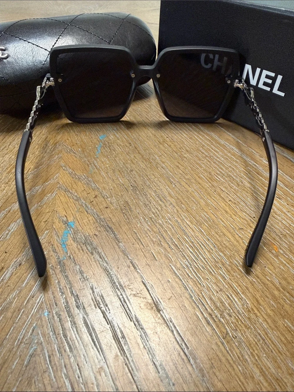 CHANEL Oversized Black Square Sunglasses with Silver CC Accents